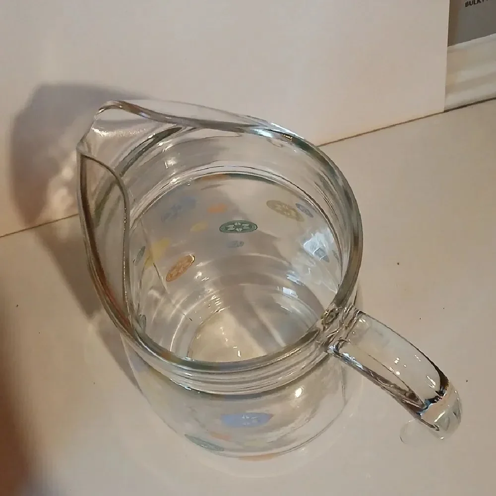 Vintage 80s Glass Pitcher with Colorful Floral Design